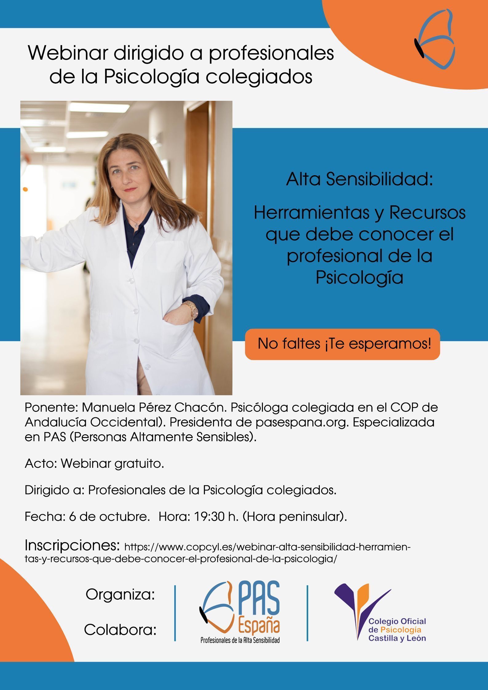 Póster Webinar Manuela Pérez Colegio Oficial de Psicología de Castilla y León