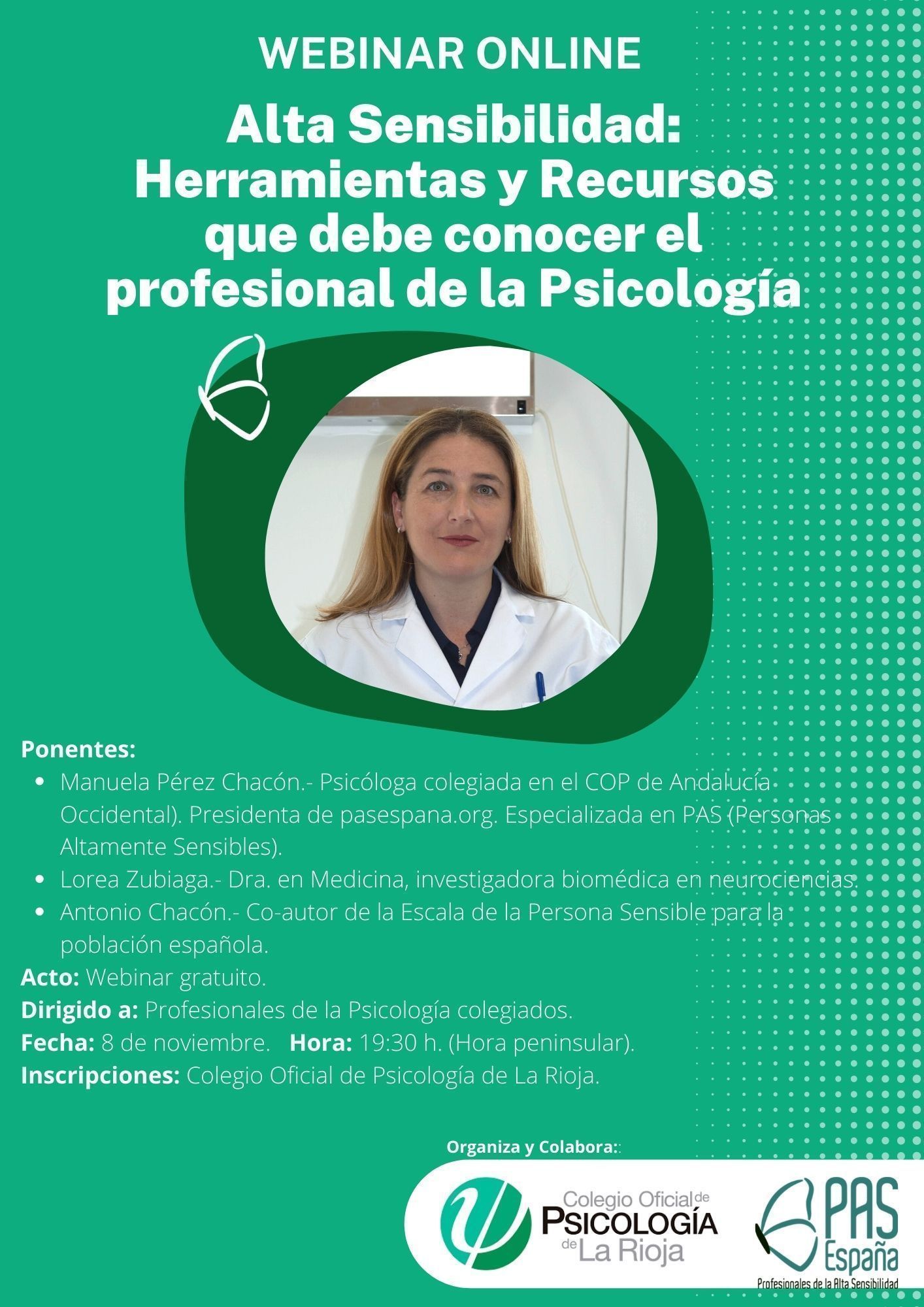 Cartel Webinar Manuela Pérez Colegio Oficial de Psicología de La Rioja