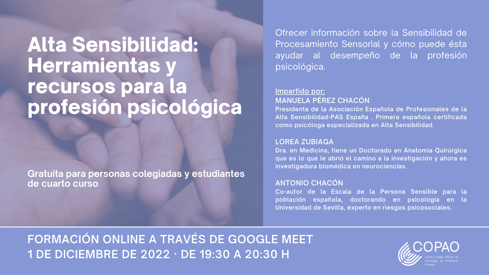 Cartel COPAO Andalucía Oriental sobre el Webinar Alta Sensibilidad: Herramientas y Recursos para la Profesión Psicológica