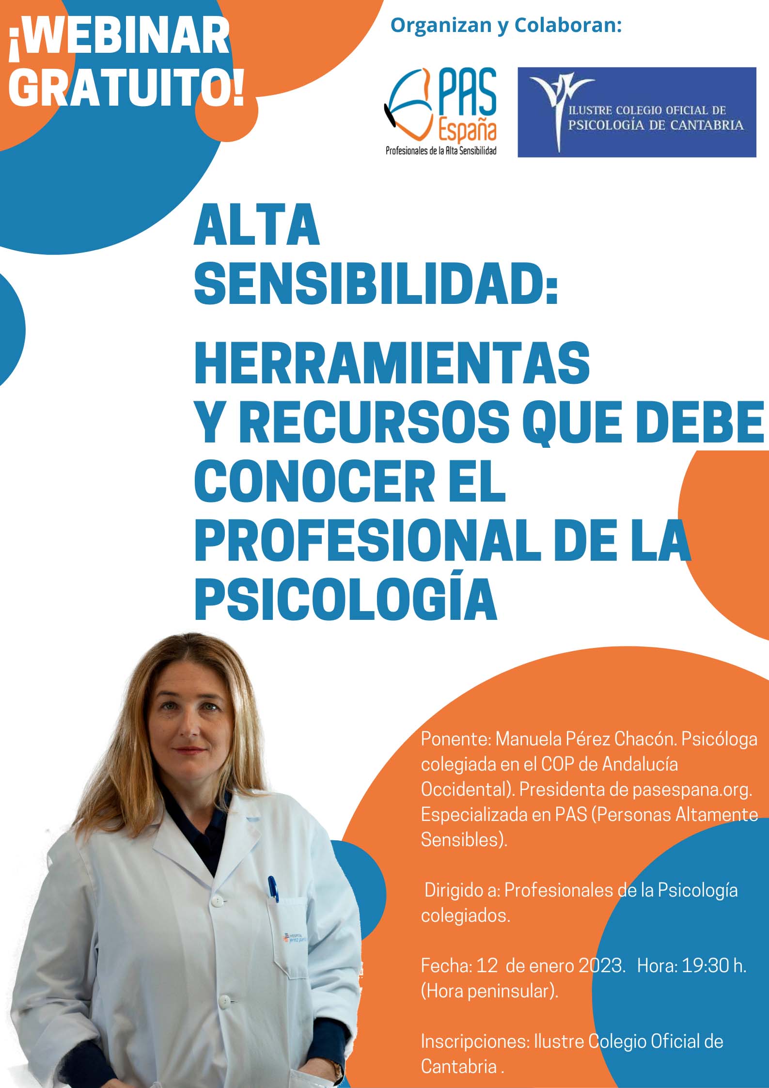 Poster Manuela Pérez anunciando el Webinar en el Ilustre Colegio de Psicología de Cantabria